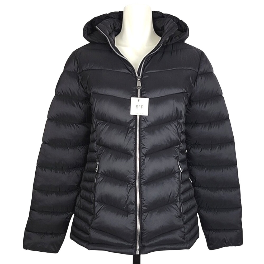 NWT DKNY Women's Repreve Water Resistant Packable Puffer Hooded Jacket Black L